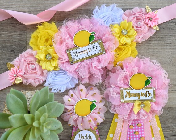 Lemon Baby Shower, Lemon Fruit Maternity Sash, Lemon Mommy To Be Ribbon Pin, Lemon Daddy To Be Ribbon, Custom