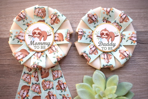Baby Green Sloth Baby Shower, Sloth Mommy to Be Ribbon Pin, Sloth Baby Shower Pin, Sloth Greenery Daddy To Be Pin