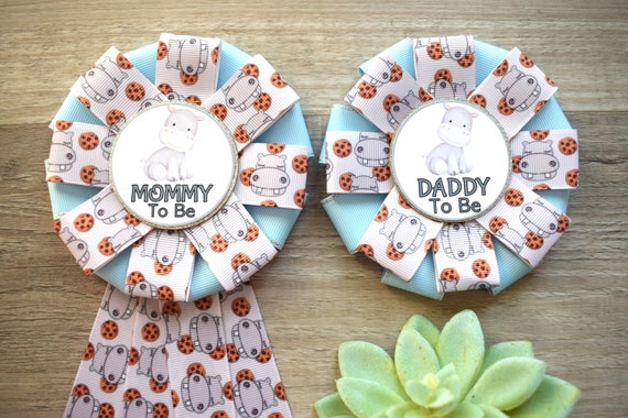 Blue Boy Hippo Baby Shower, Hippo Mommy To Be Ribbon Pin, Hippo Gender Reveal Animal Daddy To Be Badge Pin, Parent's To Be Pin