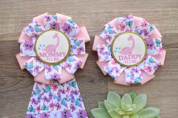Girl Dinosaur Baby Shower, Pink Lavender Dinosaur Corsage Pin, Dinosaur Mommy to Be Ribbon Pin, Dinosaur Daddy to Be Pin