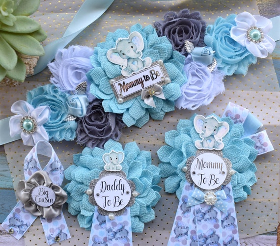 Boy Blue Elephant Baby Shower, Blue Grey Elephant Corsage Pin Set, Blue Grey Corsage Pin, Elephant Mommy To Be Pin, Daddy To Be Pin, Custom
