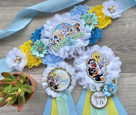 Boy Looney Baby Shower Set, Blue Aqua Yellow Maternity Sash, Mommy To Be Pin, Daddy To Be Pin, Custom Order Welcome