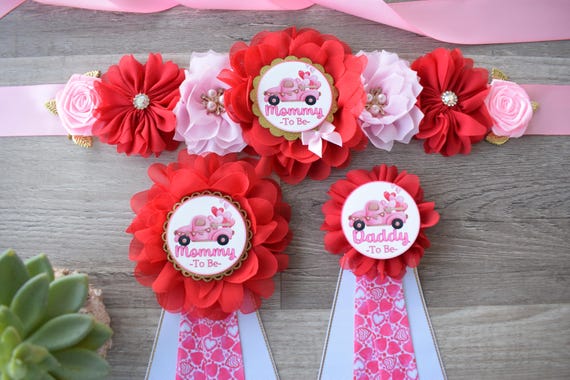Set Of San Valentine Baby Shower, Red Pink White Heart Maternity Sash, Red Love Heart Mommy To Be Ribbon, Valentine Daddy To Be Pin, Custom