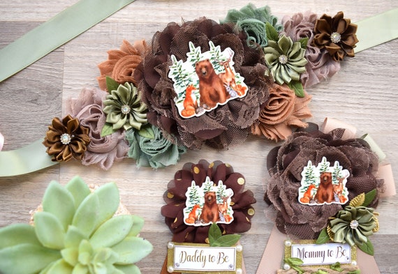 Bear woodland Baby Shower, Sage Green Brown Tan Maternity Sash, Bear Fox Baby Shower, Mommy To Be Ribbon, Daddy To Be Pin, Custom