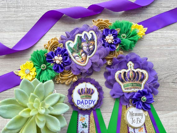 Mardi Gras Baby Shower, Maternity Sash, Mardi Gras Mommy To Be Ribbon, Carnival Daddy To Be Pin, Green Yellow Purple, Custom
