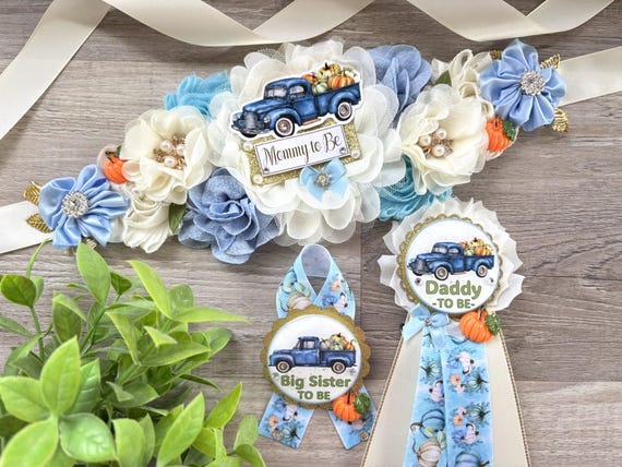 Blue Pumpkin Truck Baby Shower, Pastel Blue Maternity Sash, Blue Mommy To Be Ribbon, Pumpkin Daddy To Be Pin, Blue Boy Baby Shower Present