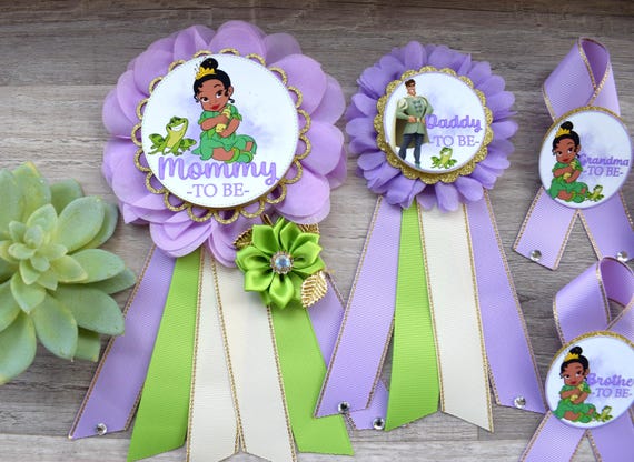 Princess and the Frog Baby Shower Gift, Mom To Be Sash & Pins, Daddy To Be, Family Pins, Tiana Theme, Mommy To Be Ribbon, Mom To Be Gift
