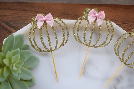 12 Pink Gold Pumpkin Cupcake Topper, Pumpkin Baby Shower, Pumpkin Party, Set of 12