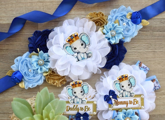 Boy Elephant Baby Shower, Blue Elephant Sash and Pin, Blue Elephant Flower Sash, Elephant Mommy To Be Ribbon Pin, Elephant Daddy To Be Pin