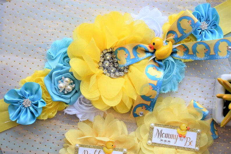 Rubber Duck Baby Shower, Ducky Flower Sash, Mommy To Be Ribbon, Daddy To Be Corsage Pin, Yellow Blue White Duck Baby Shower Sash, Custom image 4