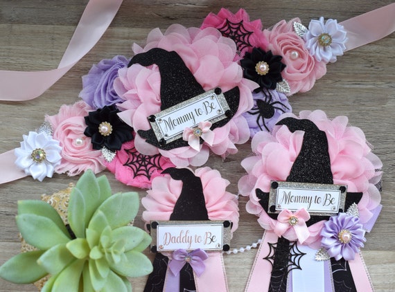 Girl Witch Halloween Baby Shower, Pink Maternity Sash, Pink Lavender Mommy To Be Ribbon, Daddy To Be Pin, Halloween Baby Shower Gift, Custom