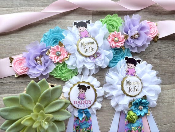 Little Boo Monster Baby Shower, Purple Green Blue Pink Maternity Sash, Mommy To Be Pin Ribbon, Daddy To Be Pin, Baby Shower Gift, Custom
