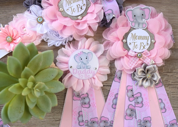 Pink Elephant Baby Shower, Girl Pink Elephant Maternity Sash, Pink Elephant Belly Mommy To Be Ribbon, Girl Daddy To Be Pin, Custom