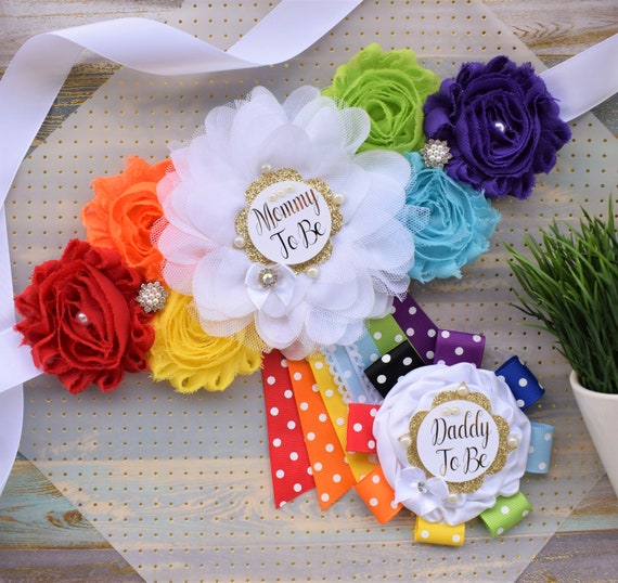 Rainbow Maternity Sash, Blue Yellow Purple Flower Sash, Multicolored Flower Belt, Rainbow Baby Shower, Gender Reveal Daddy and Mommy to Be