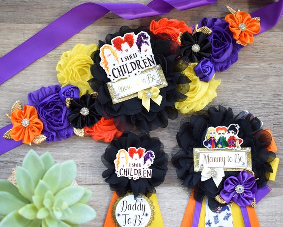 Comedy/Horror Halloween Baby Shower, Mommy To Be Ribbon, Green Orange Purple, Daddy To Be Pin, Halloween Baby Shower,
