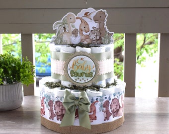 Gâteau de couches dinosaure à 2 étages pour baby shower, gâteau de couches dinosaure neutre, décorations de table pour baby shower, cadeaux pour jeunes mamans - S0002