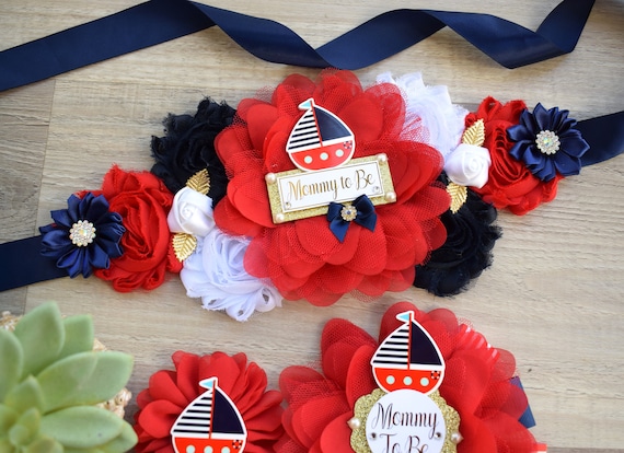 Boat Nautical Anchor Baby Shower, Boat Red Navy Blue Mommy To Be Ribbon, Ahoy Nautical Daddy To Be Pin, Nautical Daddy To Be Pin