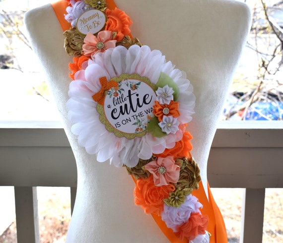 Orange Shoulder Sash, A Little Cutie Is On The Way Baby Shower Maternity Sash, A Little Cutie Orange Pregnant, Orange Coral Flower Sash
