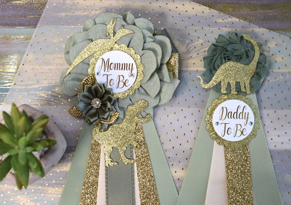 Dinosaur Baby Shower, Green Gold Flower Sash, Gold Dinosaur Animals, Greenery Gold Maternity Sash, Green Gold Dinosaur Baby Shower, Custom