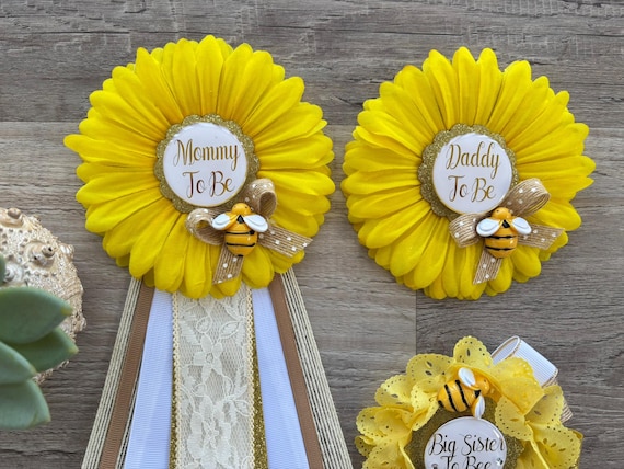 Sunflower Bumble Bee Baby Shower, Rustic Yellow Flower Sash, Daddy To Be Pin, Sunflower Rustic Baby Shower, Bee Gender Reveal Sash, Custom