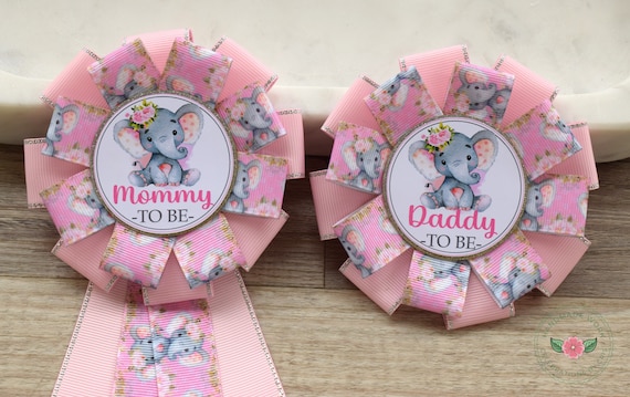 Girl Pink Elephant Baby Shower, Pink Elephant Corsage Pin Set, Elephant Mommy To Be Ribbon Pin, Daddy To Be Pin