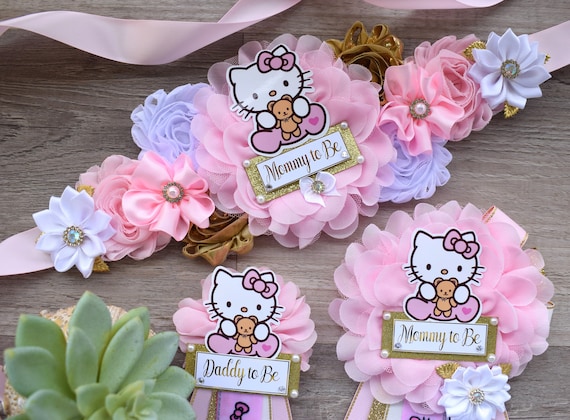 Girl Baby Shower, Maternity Sash, Girl Pink Gold White Baby Shower, Mommy to Be Pin, Daddy To Be Pin