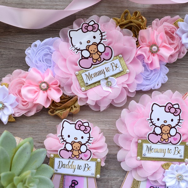 Girl Kitty Baby Shower, Maternity Sash, Girl Pink Gold White Baby Shower, Mommy to Be Pin, Daddy To Be Pin