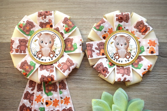 Neutral Honey Bee Bear Baby Shower, Bear Mommy To Be Ribbon Pin, Bee Teddy Bear Daddy To Be Pin, Gender Reveal Baby Shower