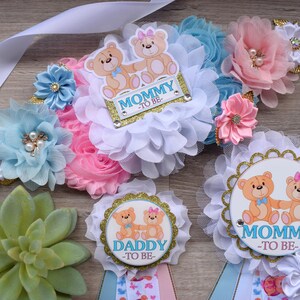 Bear Gender Reveal Baby Shower, Pink and Blue Maternity Sash, Mommy To Be Ribbon Pin, Daddy To Be Pin, Family Custom Pins, Pregnant Gift