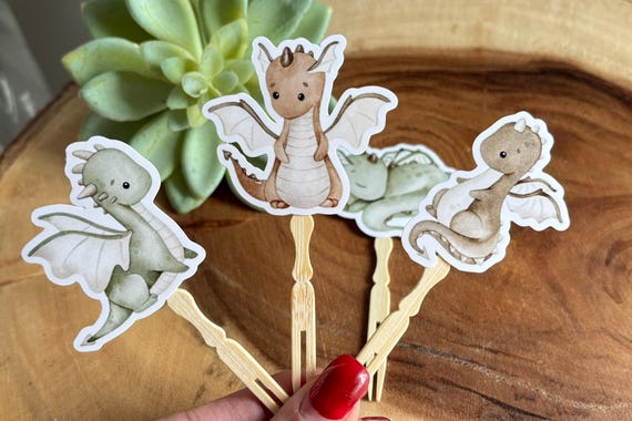 Dragon Cupcake Toppers, Dragon Baby Shower, Dino Birthday Party, Dino Diaper Cake, Neutral Dragon Cupcake Toppers - S0002