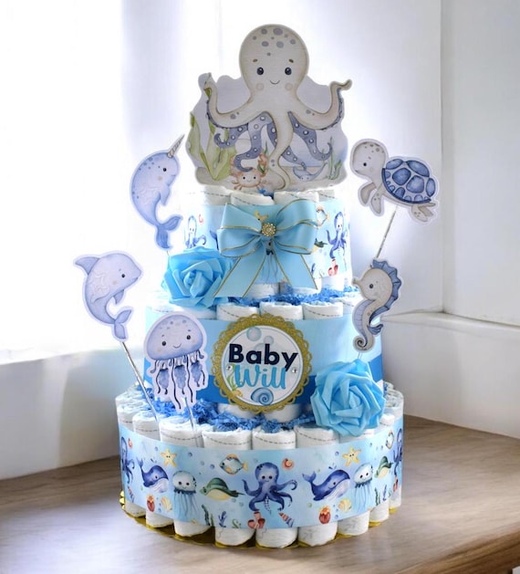 Under The Sea Diaper Cake Baby Shower, Octopus Turtle Baby Shower Centerpieces Decorations, Boy Room Nursery Decor, New Mom Gifts - S00015