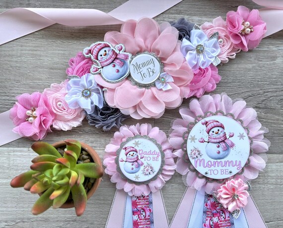 Girl Snowman Baby Shower Pins, Christmas Maternity Sash, Mommy To Be Pin, Snowman Daddy To Be Pin, Baby Shower Gift, Custom Order Welcome