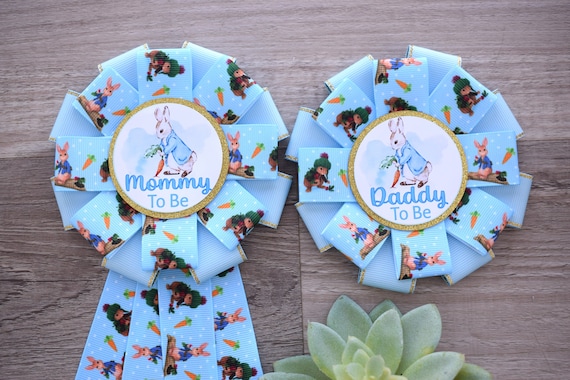 Boy Blue Rabbit Baby Shower, Easter Baby Shower, Boy Bunny Mommy to Be Ribbon Pin, Daddy To Be Pin, Parent's To Be Pin