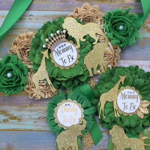 Safari Green Gold Flower Sash, Gold Safari Animals, Greenery Gold Maternity Sash, Jungle Safari Green Gold Baby Shower, Mommy pin, Daddy pin