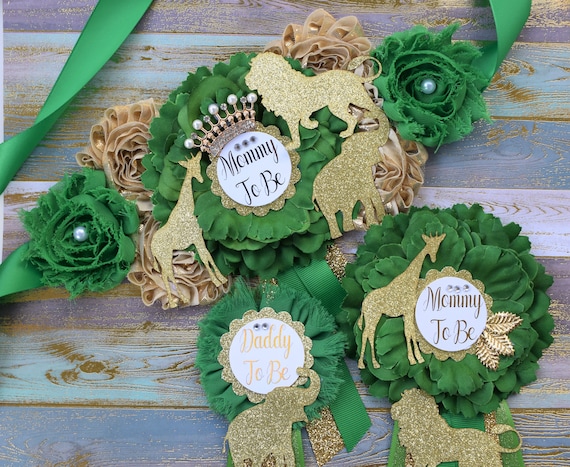 Safari Green Gold Flower Sash, Gold Safari Animals, Greenery Gold Maternity Sash, Jungle Safari Green Gold Baby Shower, Mommy pin, Daddy pin