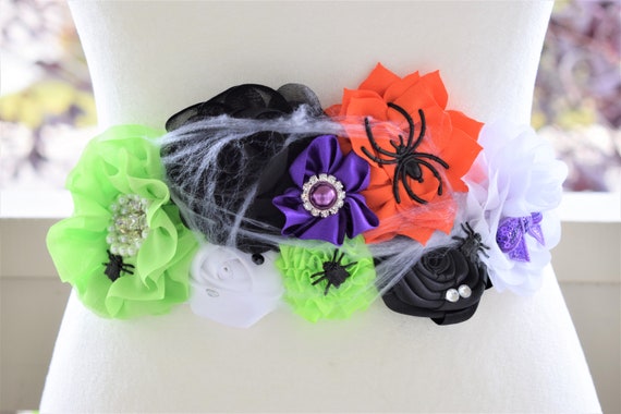 Halloween Baby Shower, Spider Orange Green, Purple, Black Maternity Sash, Halloween Flower Sash, Scary Flower Sash, Halloween Maternity Sash