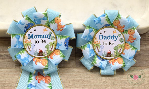 Boy Dinosaur Baby Shower, Blue Dinosaur Corsage Pin, Dinosaur Mommy to Be Ribbon Pin, Dinosaur Daddy to Be Pin