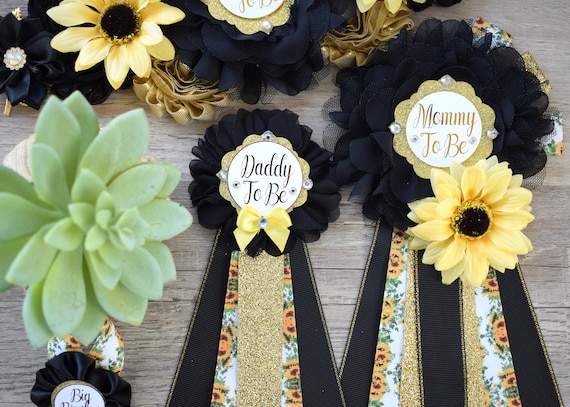 Black Sunflower Baby Shower, Yellow Black Maternity Sash, Sunflower Mommy To Be Ribbon, Daddy To Be Pin, Sunflower Gender Reveal, Custom