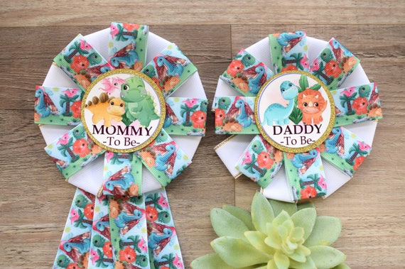 Dinosaur Baby Shower, Neutral Gender Reveal Dinosaur Corsage Pin, Dinosaur Mommy to Be Ribbon Pin, Dinosaur Daddy to Be Pin