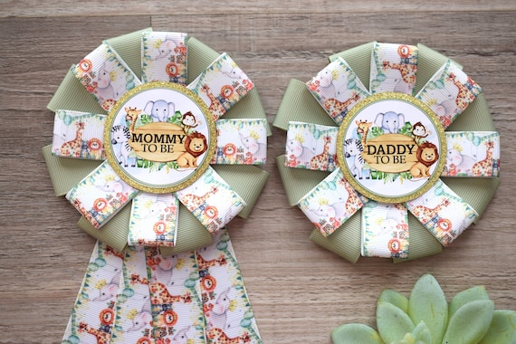 Neutral Animal Safari Baby Shower, Jungle Safari Animal Mommy To Be Ribbon Pin, Animal Daddy To Be Badge Pin