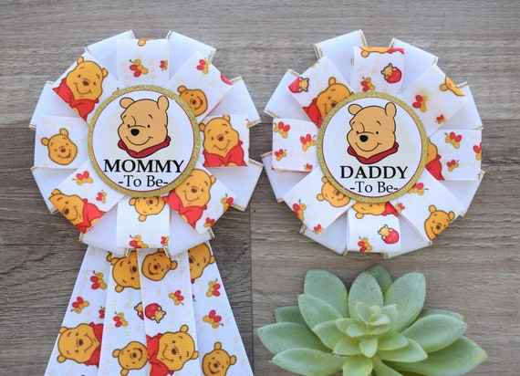 Winnie Baby Shower, Yellow Red White Mommy To Be Ribbon Pin, Daddy To Be Pin, Parent's To Be Pin