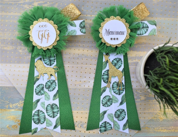 Safari Green Gold Flower Sash, Gold Safari Animals, Greenery Gold Maternity Sash, Jungle Safari Green Gold Baby Shower, Mommy pin, Daddy pin