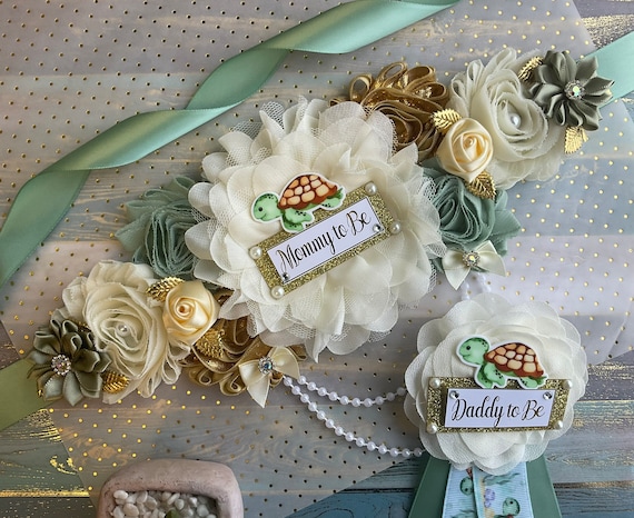 Sea Turtle Baby Shower, Neutral Under The Sea Maternity Sash, Under The Sea Daddy To Be Pin, Gift For Parents, Baby Shower Gift