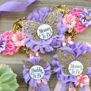 Pink Lavender Butterfly Baby Shower, Butterfly Maternity Belly Sash, Pink Lilac Gold Butterfly Mommy To Be Ribbon, Daddy To Be Pin, Custom