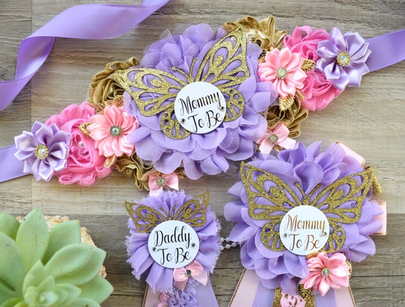 Pink Lavender Butterfly Baby Shower, Butterfly Maternity Belly Sash, Pink Lilac Gold Butterfly Mommy To Be Ribbon, Daddy To Be Pin, Custom