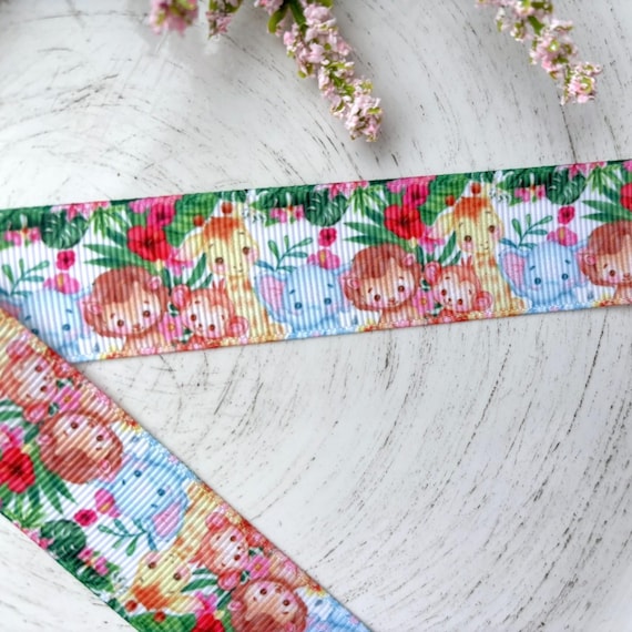 Baby Animal Safari Grosgrain Ribbon, Diaper Cake Ribbon, Baby Safari Ribbon, Safari Jungle Giraffe || 3 Yards of Ribbon - 1" (25mm)