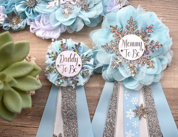 Blue Snowflake Baby Shower Set, Blue White Silver Maternity Sash, Mommy To Be Pin, Daddy To Be Pin, Baby Shower Gift, Custom Order Welcome