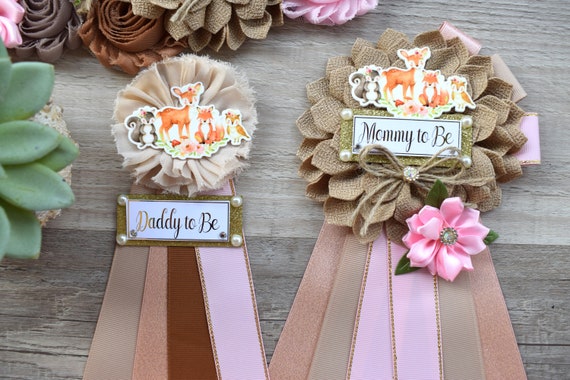 Girl Woodland Baby Shower, Pink Woodland Maternity Sash, Woodland Mommy To Be Pin, Girl Fox Daddy To Be Pin, Woodland Baby Shower Gift