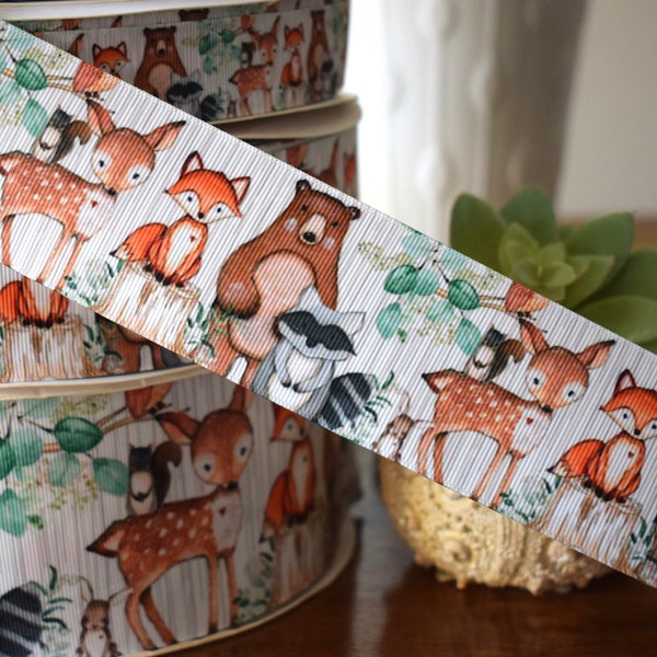 Woodland Animal Ribbon, Raccoon Fox, Bear, Deer, Rabbit Grosgrain Ribbon || 3 Yards of Ribbon -  1" (25mm) / 2" (50mm) / 3" (75mm) - S0005