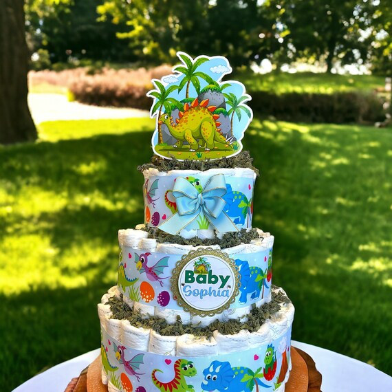 Dinosaur Diaper Cake Baby Shower, 3 Tier Diaper Cake Centerpieces Decor, Neutral Dinosaur Party, Room Nursery Decor, New Mom Gifts - S00014